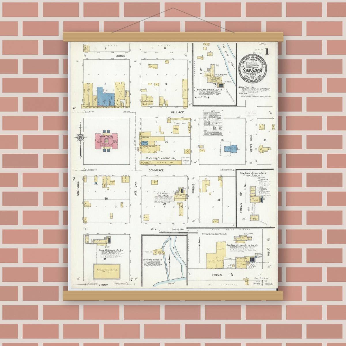 Old map wall art mockup — magnetic wood frame on brick wall — Sanborn Fire Insurance Map from San Saba, San Saba County, Texas (1912) - Complete Map Set