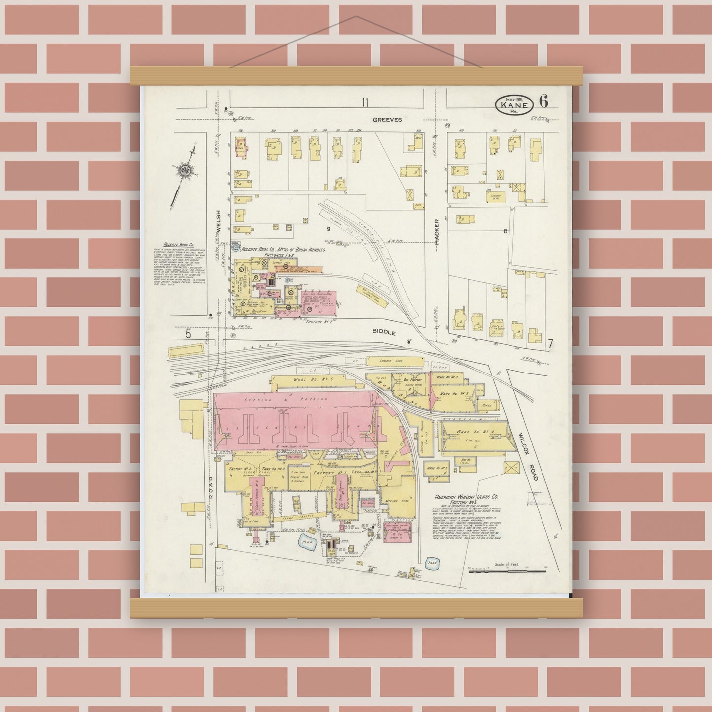 Old map wall art mockup — magnetic wood frame on brick wall — Sanborn Fire Insurance Map from Kane, McKean County, Pennsylvania (1915), Sheet #0006