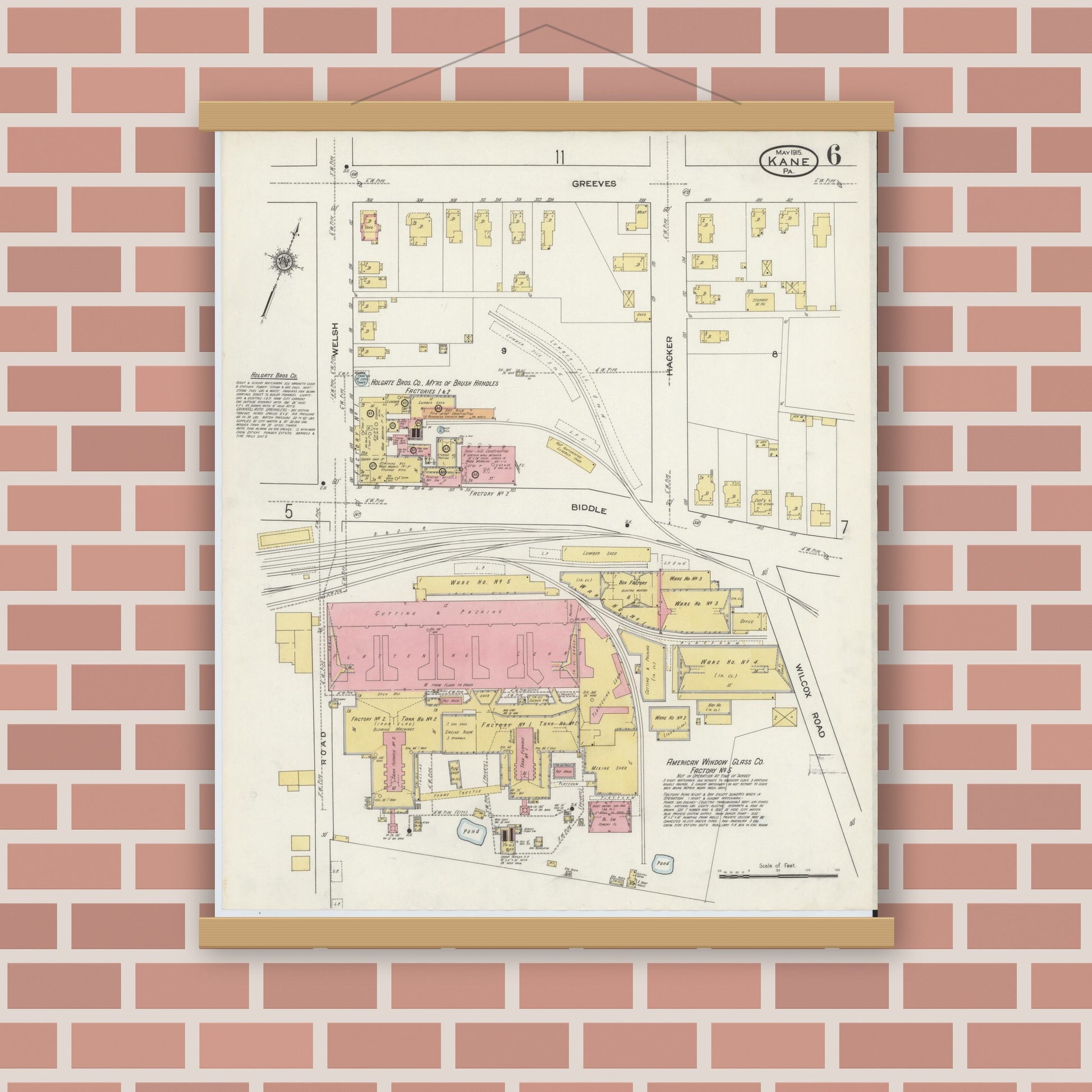 Old map wall art mockup — magnetic wood frame on brick wall — Sanborn Fire Insurance Map from Kane, McKean County, Pennsylvania (1915), Sheet #0006