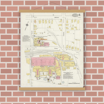 Old map wall art mockup — magnetic wood frame on brick wall — Sanborn Fire Insurance Map from Kane, McKean County, Pennsylvania (1915), Sheet #0006
