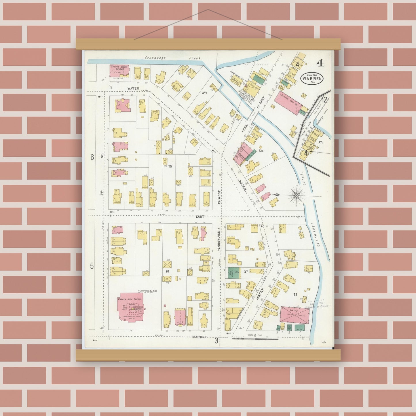 Old map wall art mockup — magnetic wood frame on brick wall — Sanborn Fire Insurance Map from Warren, Warren County, Pennsylvania (1904), Sheet #0004