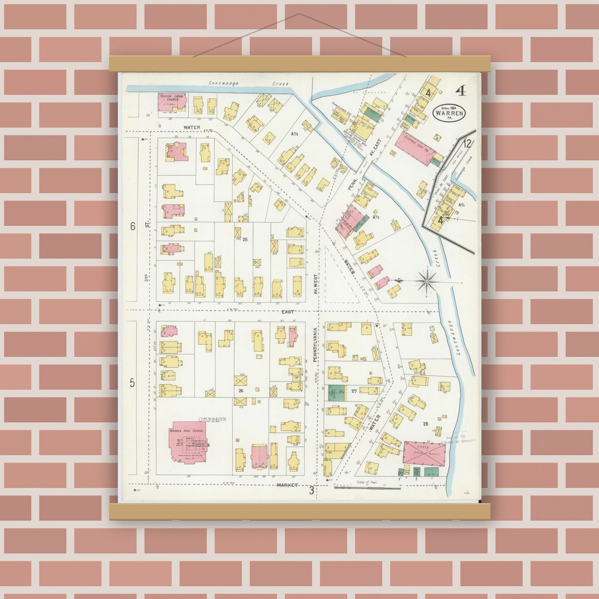 Old map wall art mockup — magnetic wood frame on brick wall — Sanborn Fire Insurance Map from Warren, Warren County, Pennsylvania (1904), Sheet #0004