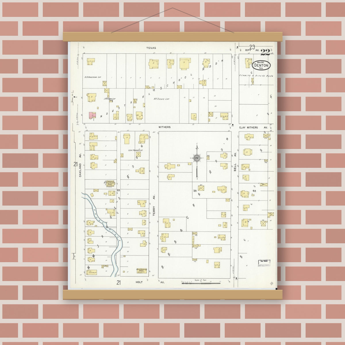 Old map wall art mockup — magnetic wood frame on brick wall — Sanborn Fire Insurance Map from Denton, Denton County, Texas (1912), Sheet #0022