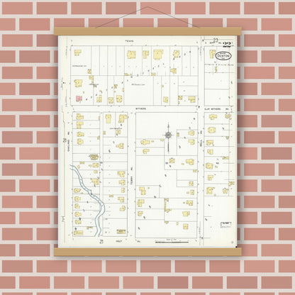 Old map wall art mockup — magnetic wood frame on brick wall — Sanborn Fire Insurance Map from Denton, Denton County, Texas (1912), Sheet #0022
