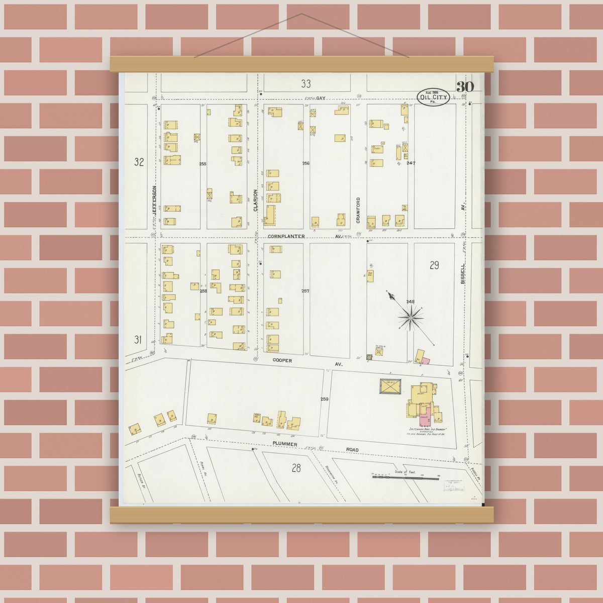Old map wall art mockup — magnetic wood frame on brick wall — Sanborn Fire Insurance Map from Oil City, Venango County, Pennsylvania (1906), Sheet #0030
