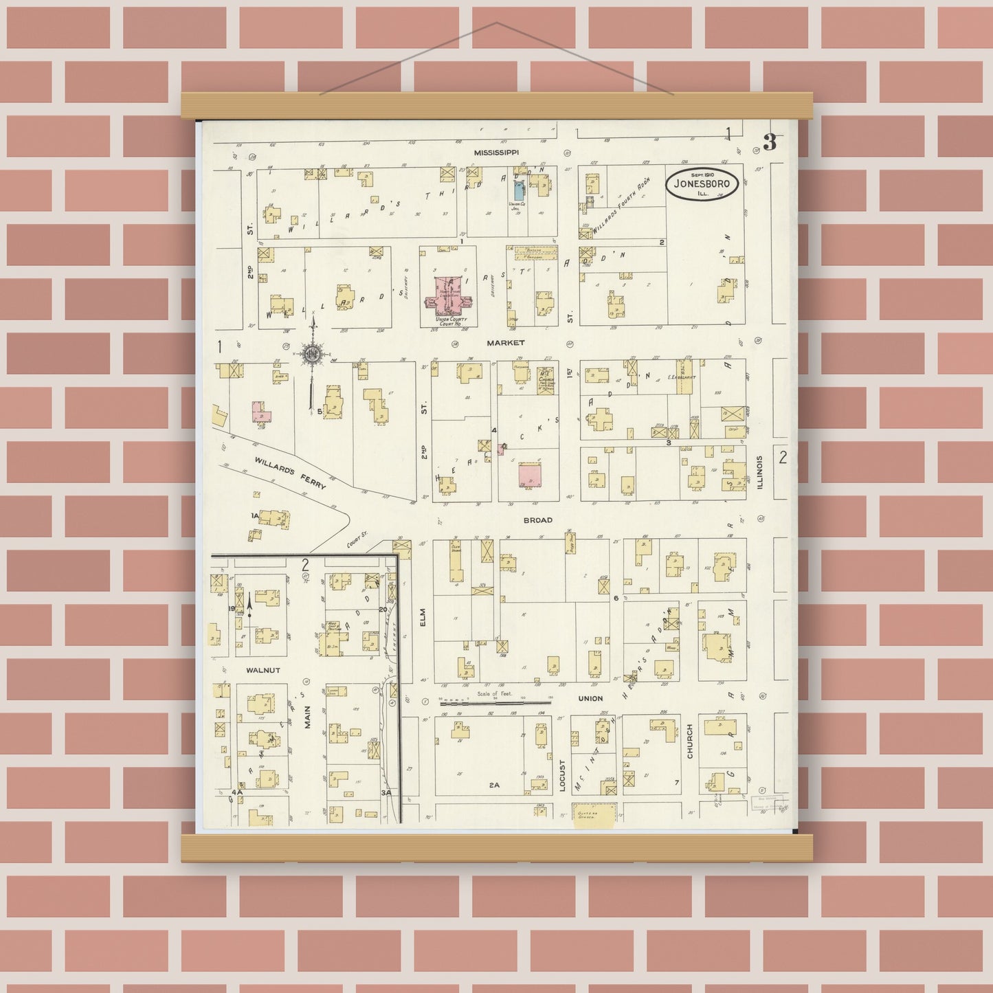 Old map wall art mockup — magnetic wood frame on brick wall — Sanborn Fire Insurance Map from Jonesboro, Union County, Illinois (1910), Sheet #0003