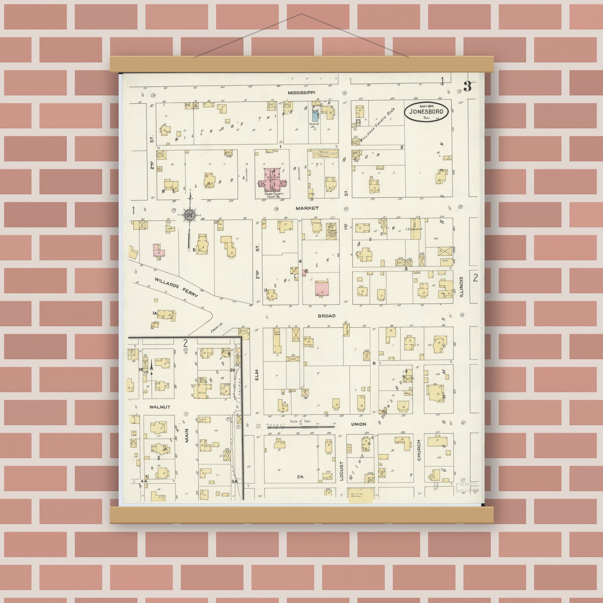 Old map wall art mockup — magnetic wood frame on brick wall — Sanborn Fire Insurance Map from Jonesboro, Union County, Illinois (1910), Sheet #0003