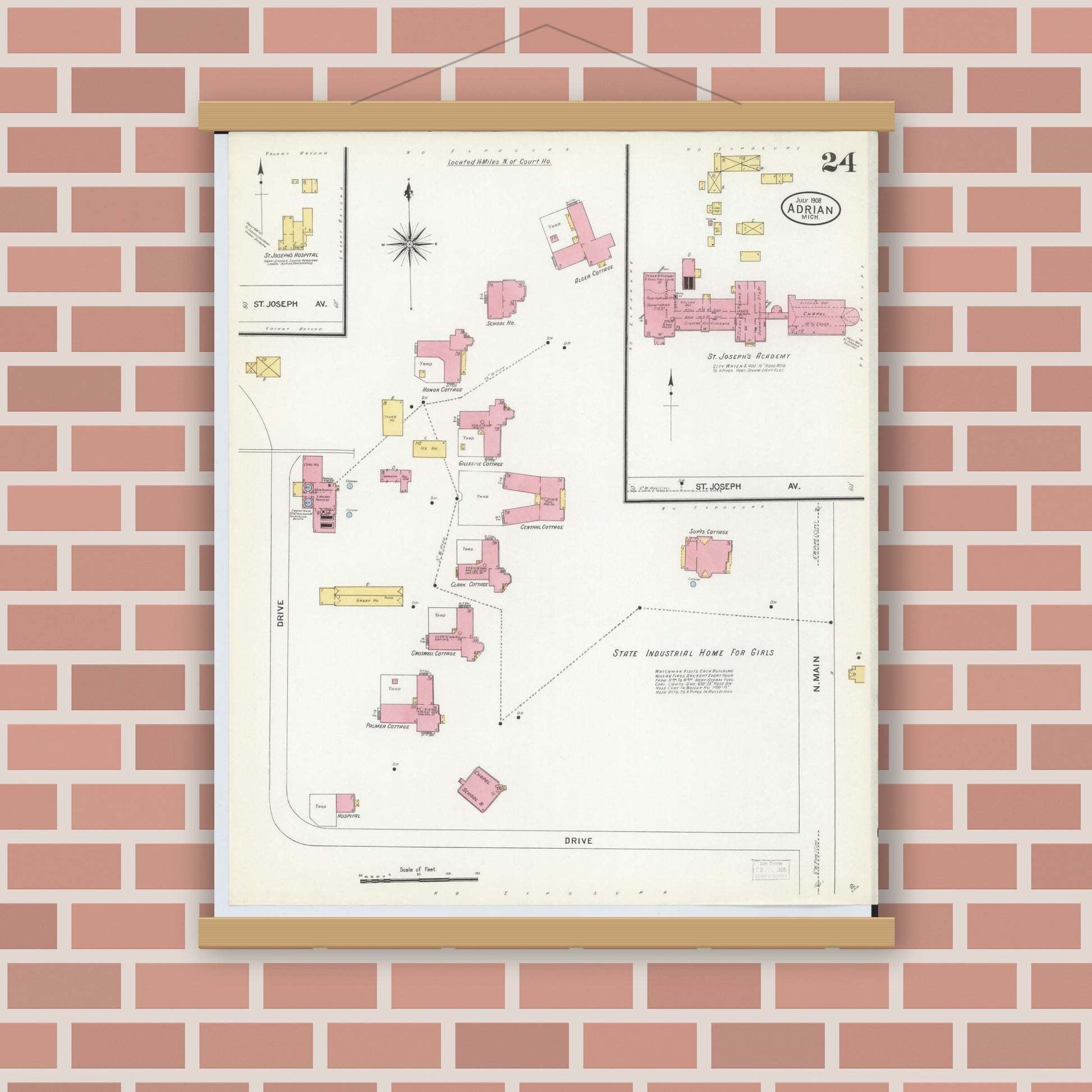 Old map wall art mockup — magnetic wood frame on brick wall — Sanborn Fire Insurance Map from Adrian, Lenawee County, Michigan (1908), Sheet #0024