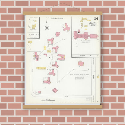 Old map wall art mockup — magnetic wood frame on brick wall — Sanborn Fire Insurance Map from Adrian, Lenawee County, Michigan (1908), Sheet #0024