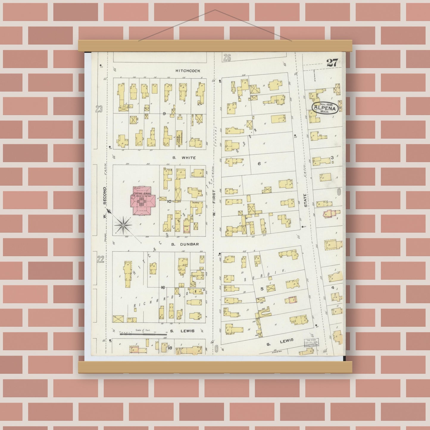 Old map wall art mockup — magnetic wood frame on brick wall — Sanborn Fire Insurance Map from Alpena, Alpena County, Michigan (1895), Sheet #0027