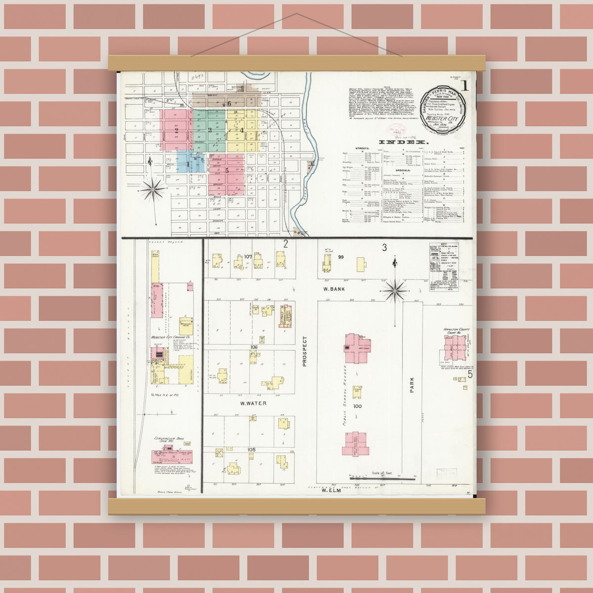 Old map wall art mockup — magnetic wood frame on brick wall — Sanborn Fire Insurance Map from Webster City, Hamilton County, Iowa (1896) â€” Complete Set