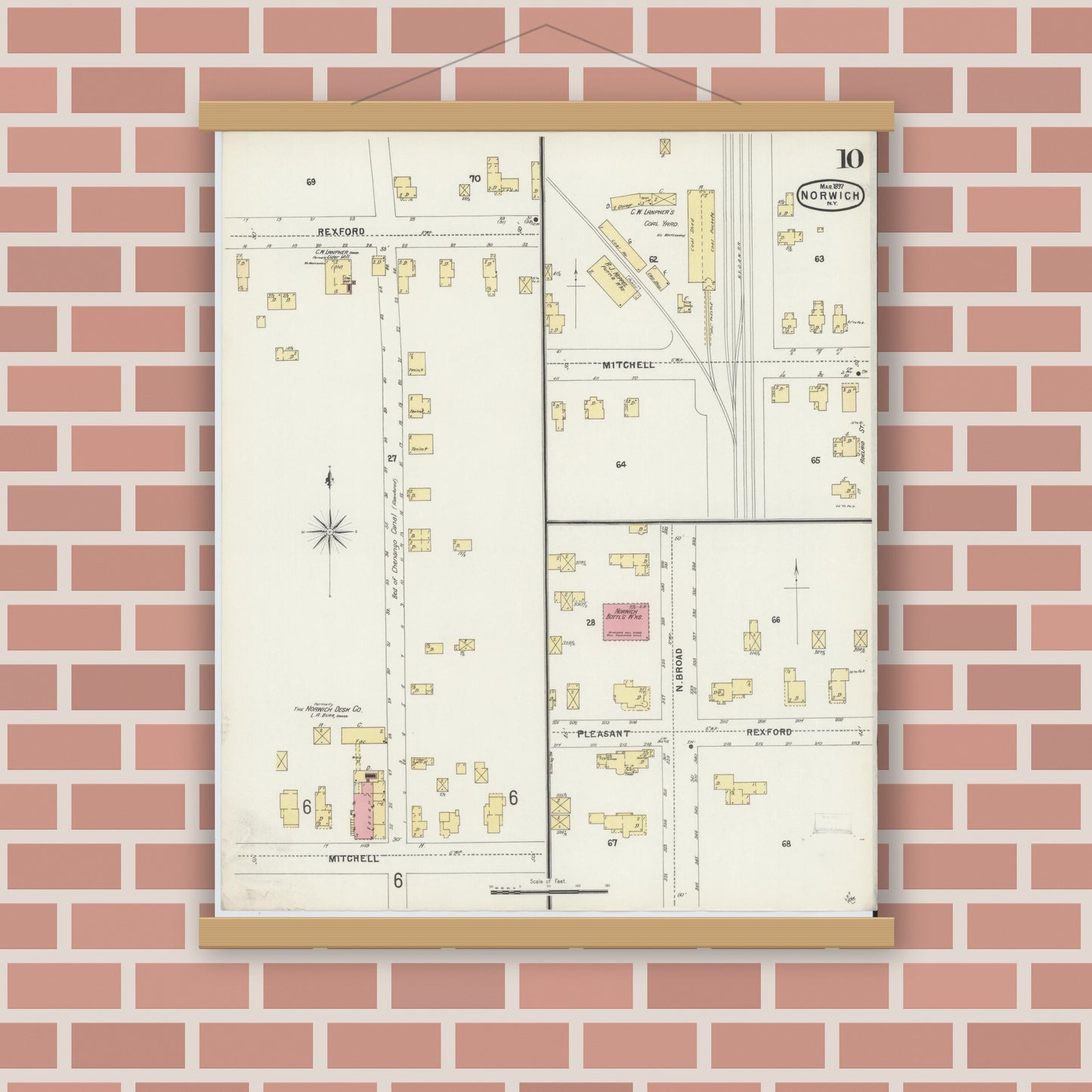 Old map wall art mockup — magnetic wood frame on brick wall — Sanborn Fire Insurance Map from Norwich, Chenango County, New York (1897), Sheet #0010