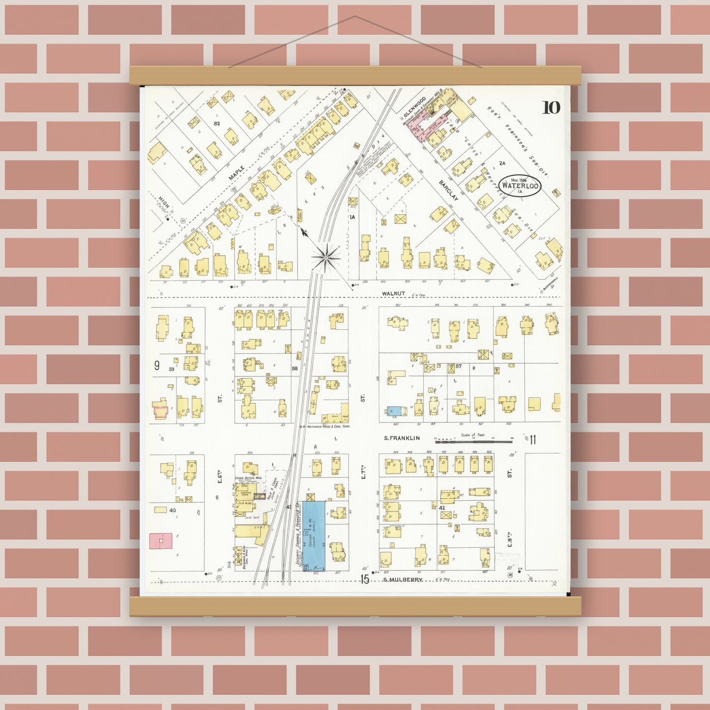 Old map wall art mockup — magnetic wood frame on brick wall — Sanborn Fire Insurance Map from Waterloo, Black Hawk County, Iowa (1906), Sheet #0010
