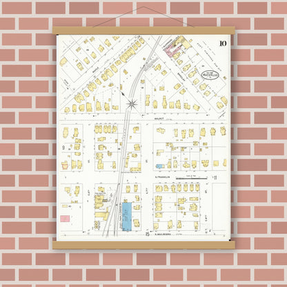 Old map wall art mockup — magnetic wood frame on brick wall — Sanborn Fire Insurance Map from Waterloo, Black Hawk County, Iowa (1906), Sheet #0010