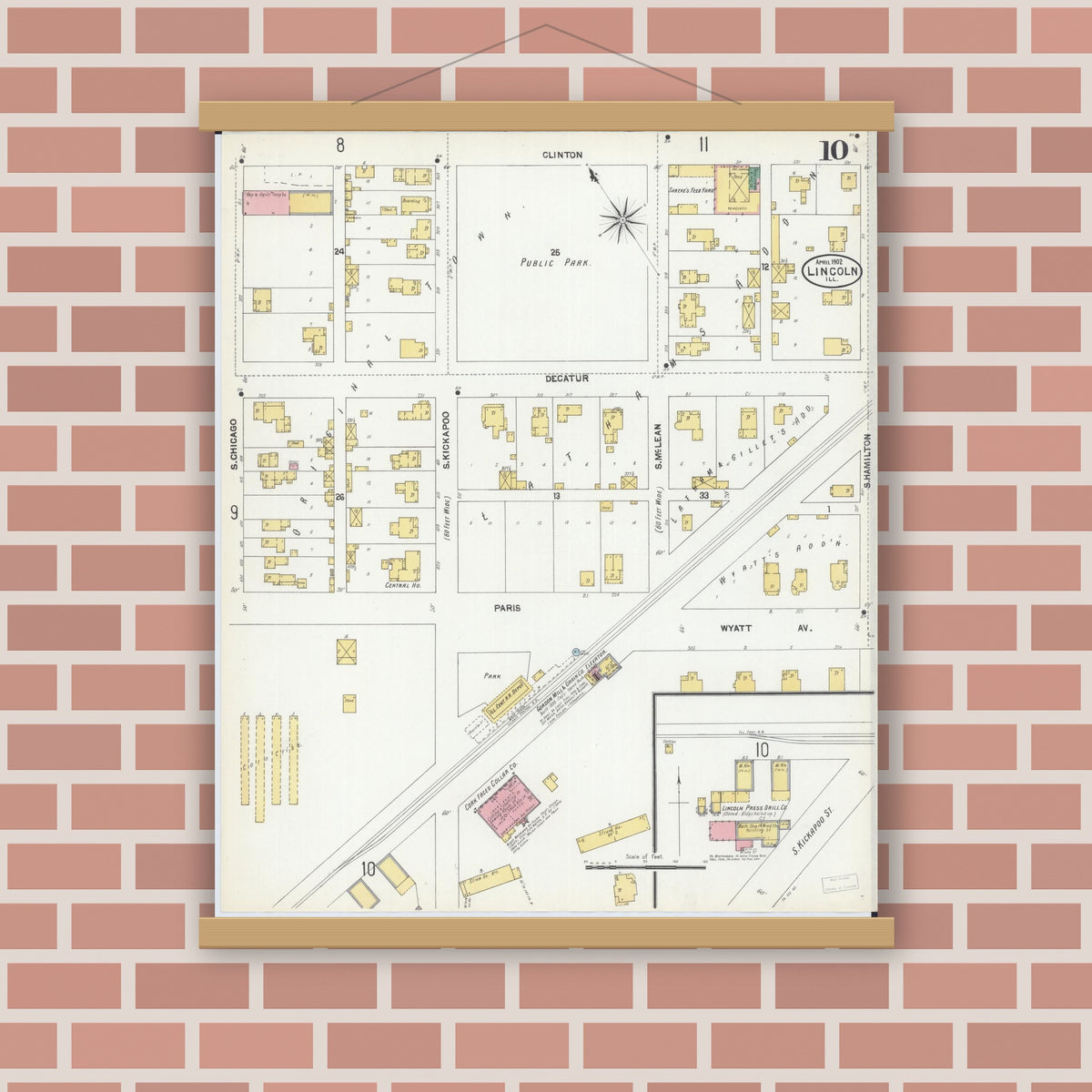 Old map wall art mockup — magnetic wood frame on brick wall — Sanborn Fire Insurance Map from Lincoln, Logan County, Illinois (1902), Sheet #0010