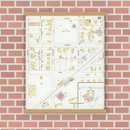 Old map wall art mockup — magnetic wood frame on brick wall — Sanborn Fire Insurance Map from Lincoln, Logan County, Illinois (1902), Sheet #0010