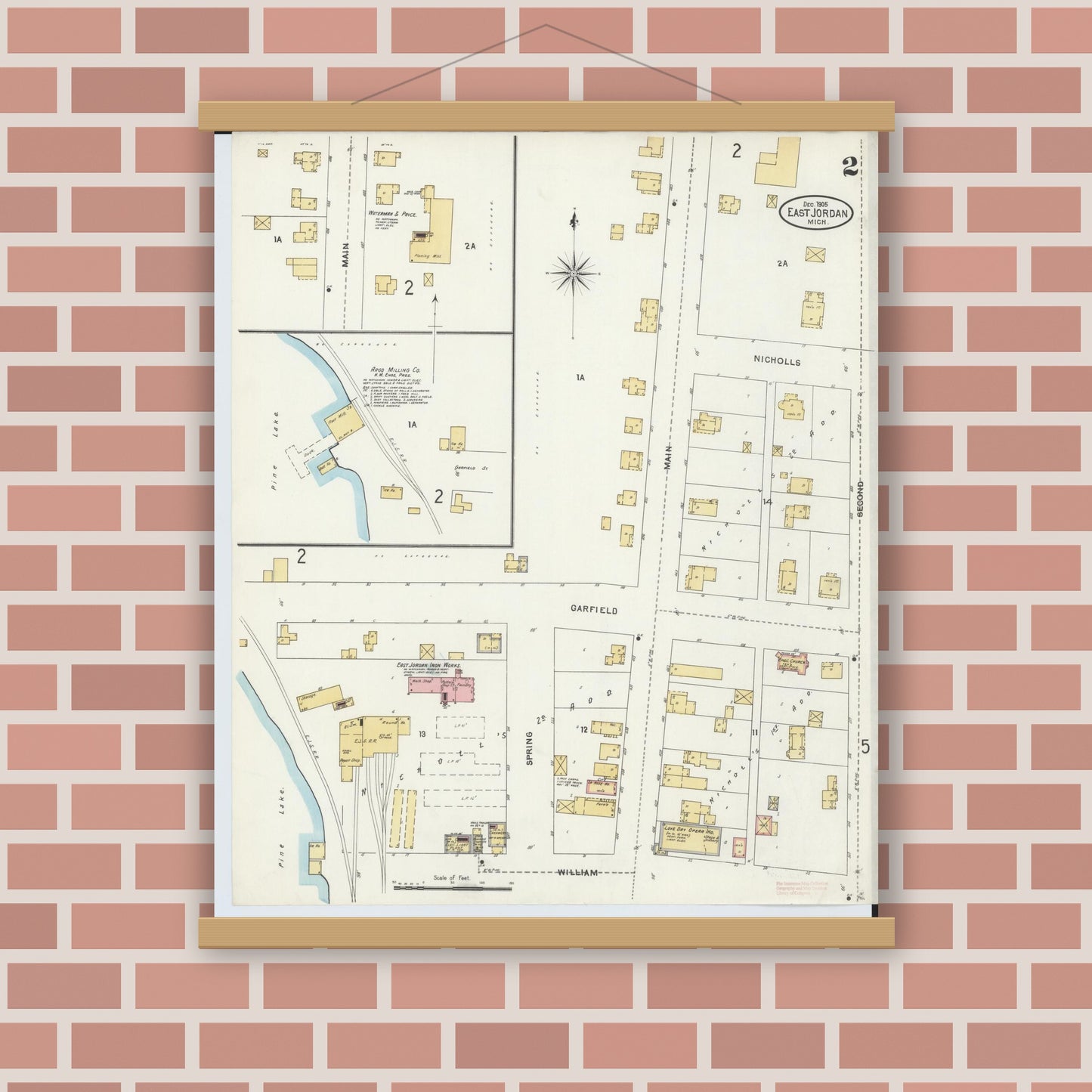 Old map wall art mockup — magnetic wood frame on brick wall — Sanborn Fire Insurance Map from East Jordan, Charlevoix County, Michigan (1905), Sheet #0002
