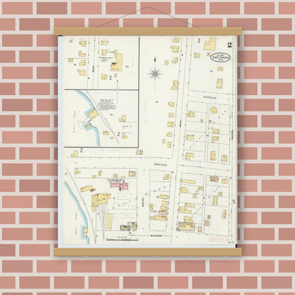 Old map wall art mockup — magnetic wood frame on brick wall — Sanborn Fire Insurance Map from East Jordan, Charlevoix County, Michigan (1905), Sheet #0002