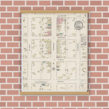 Old map wall art mockup — magnetic wood frame on brick wall — Sanborn Fire Insurance Map from Tomah, Monroe County, Wisconsin (1885), Sheet #0001