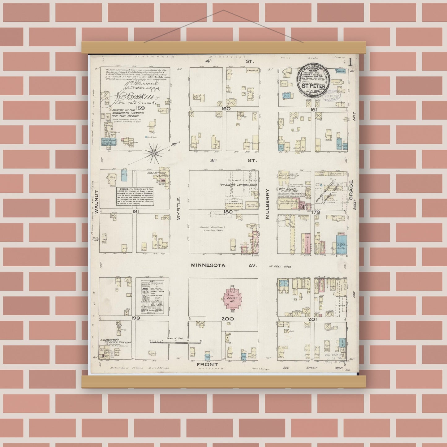 Old map wall art mockup — magnetic wood frame on brick wall — Sanborn Fire Insurance Map from Saint Peter, Nicollet County, Minnesota (1885) - Complete Map Set
