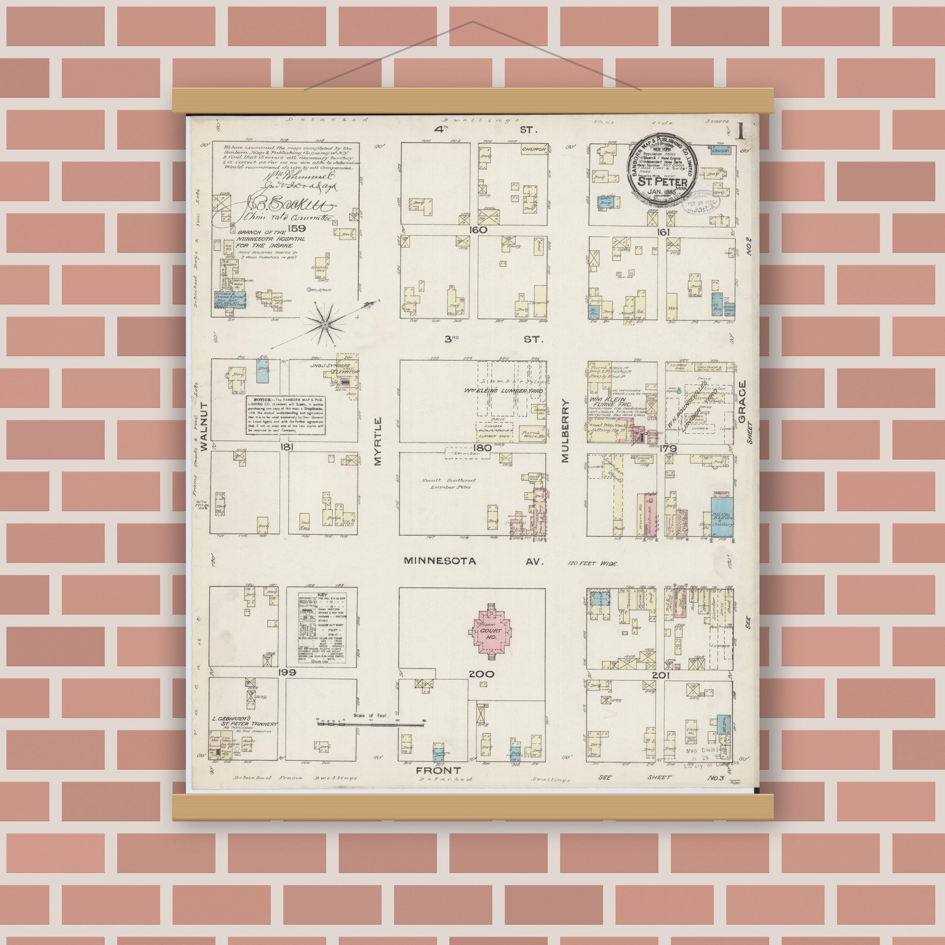Old map wall art mockup — magnetic wood frame on brick wall — Sanborn Fire Insurance Map from Saint Peter, Nicollet County, Minnesota (1885) - Complete Map Set