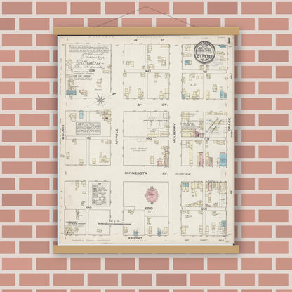 Old map wall art mockup — magnetic wood frame on brick wall — Sanborn Fire Insurance Map from Saint Peter, Nicollet County, Minnesota (1885) - Complete Map Set