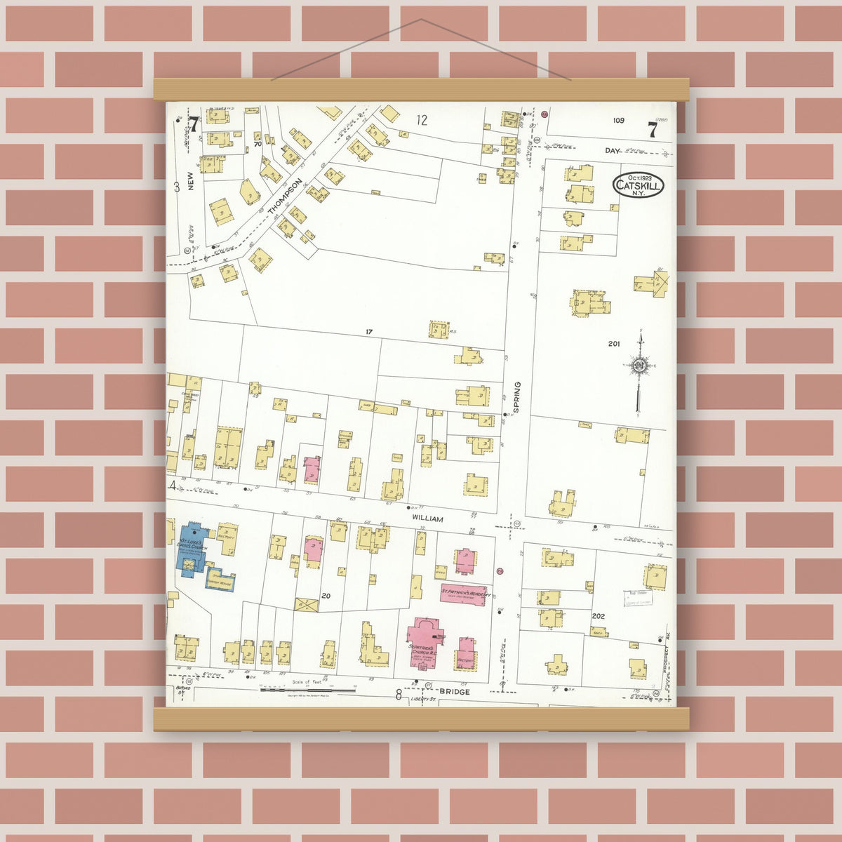 Old map wall art mockup — magnetic wood frame on brick wall — Sanborn Fire Insurance Map from Catskill, Greene County, New York (1923), Sheet #0007