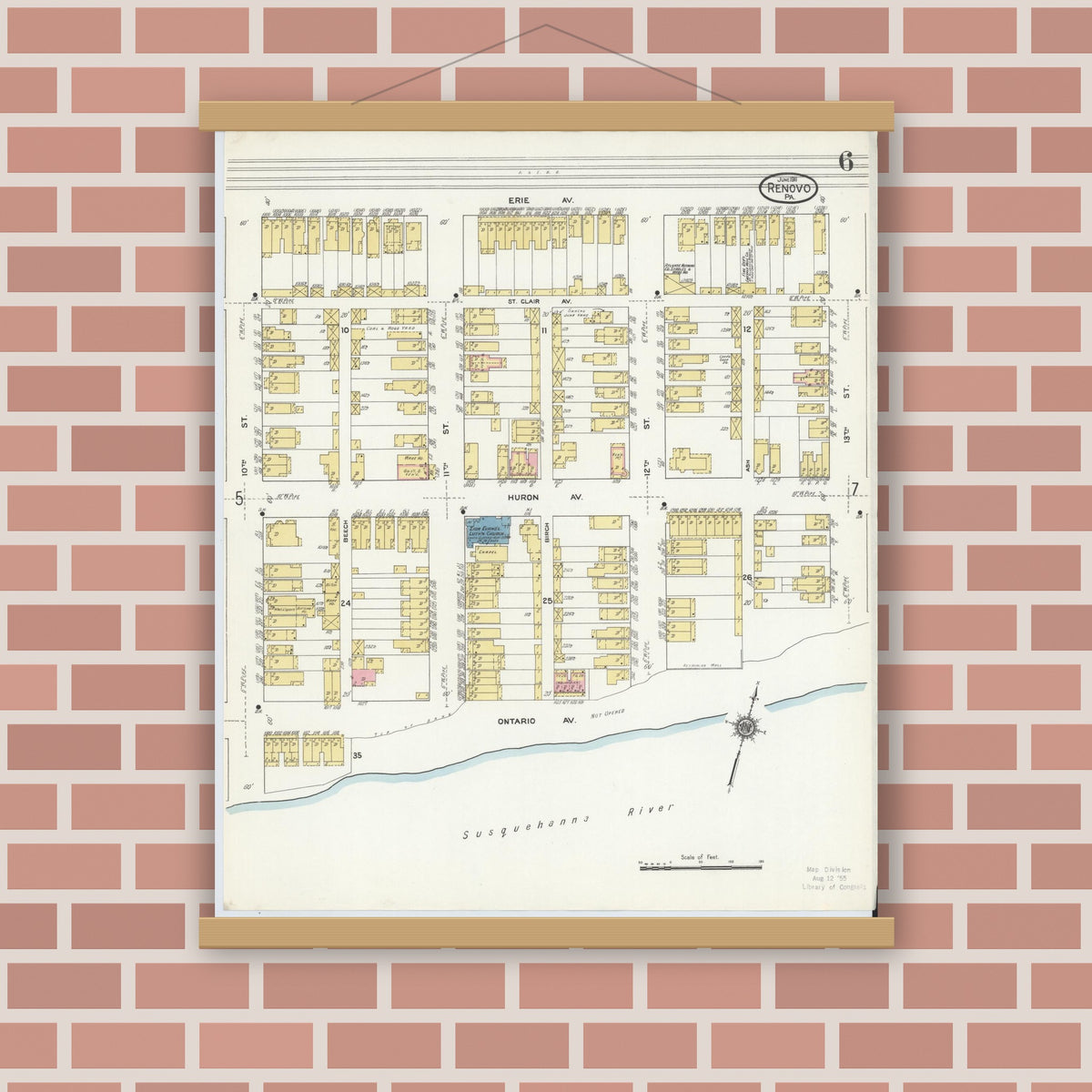 Old map wall art mockup — magnetic wood frame on brick wall — Sanborn Fire Insurance Map from Renovo, Clinton County, Pennsylvania (1911), Sheet #0006