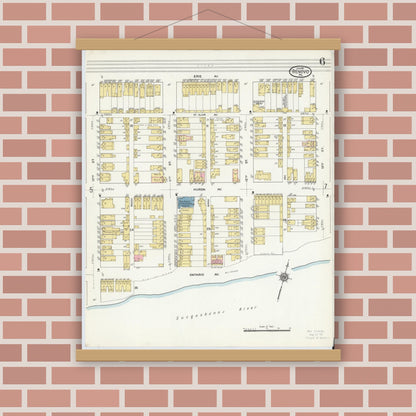 Old map wall art mockup — magnetic wood frame on brick wall — Sanborn Fire Insurance Map from Renovo, Clinton County, Pennsylvania (1911), Sheet #0006