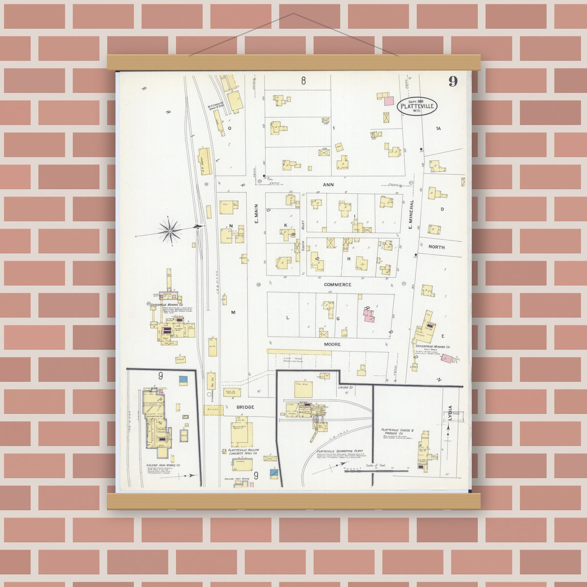 Old map wall art mockup — magnetic wood frame on brick wall — Sanborn Fire Insurance Map from Platteville, Grant County, Wisconsin (1908), Sheet #0009