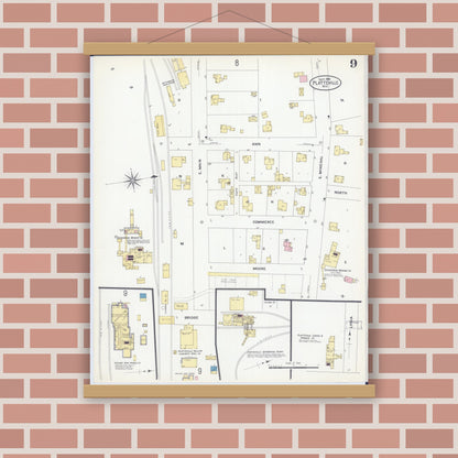 Old map wall art mockup — magnetic wood frame on brick wall — Sanborn Fire Insurance Map from Platteville, Grant County, Wisconsin (1908), Sheet #0009