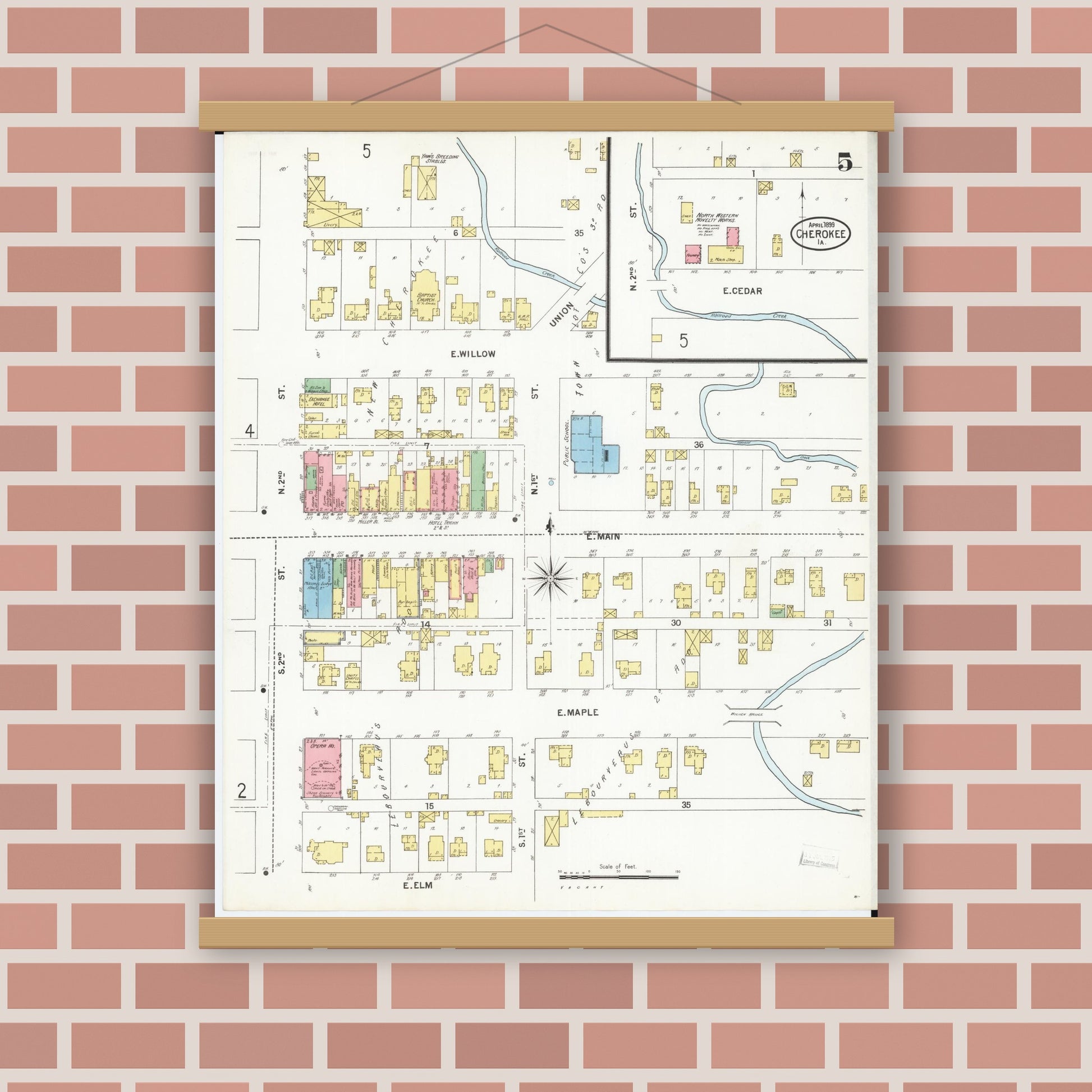 Old map wall art mockup — magnetic wood frame on brick wall — Sanborn Fire Insurance Map from Cherokee, Cherokee County, Iowa (1899), Sheet #0005