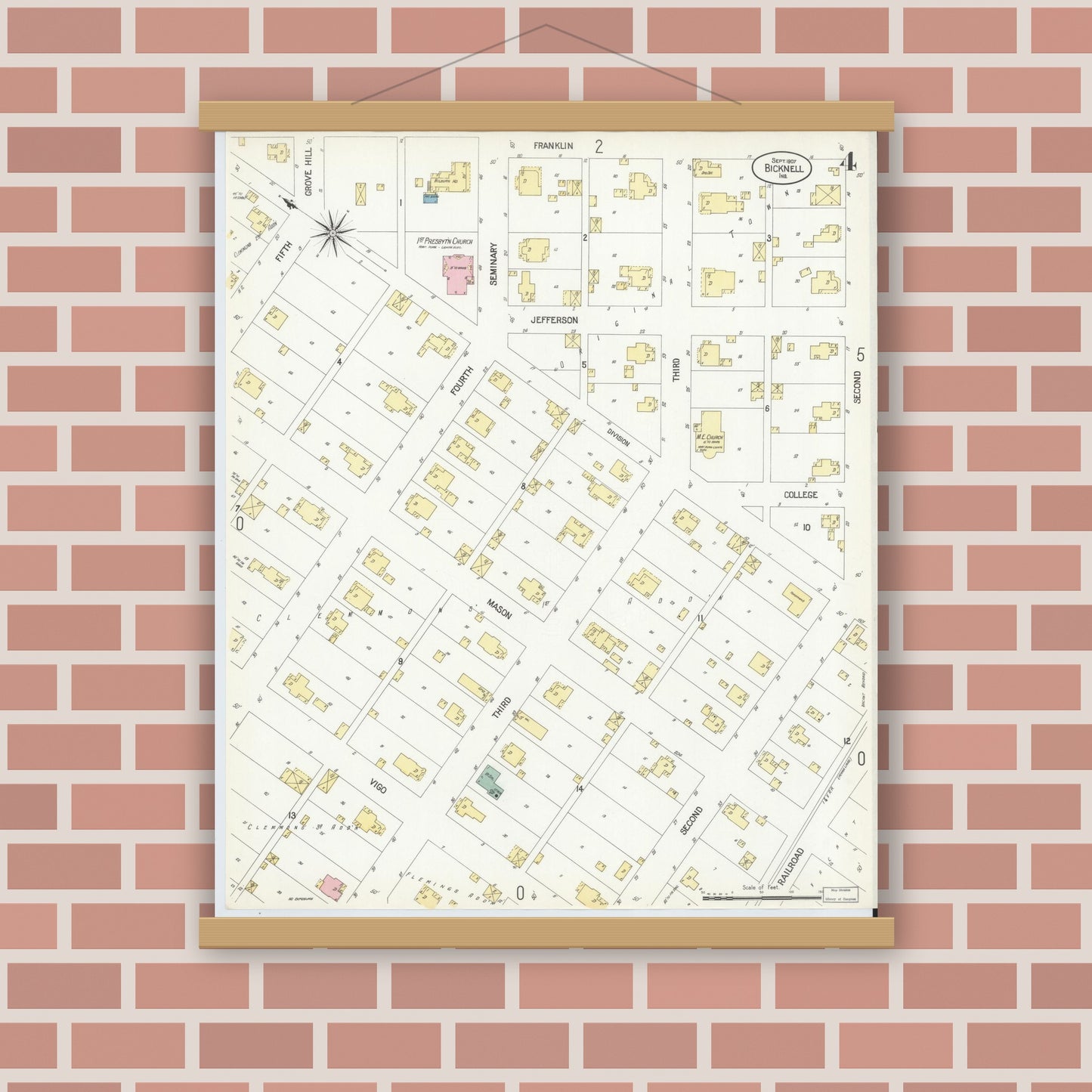 Old map wall art mockup — magnetic wood frame on brick wall — Sanborn Fire Insurance Map from Bicknell, Knox County, Indiana (1907), Sheet #0004