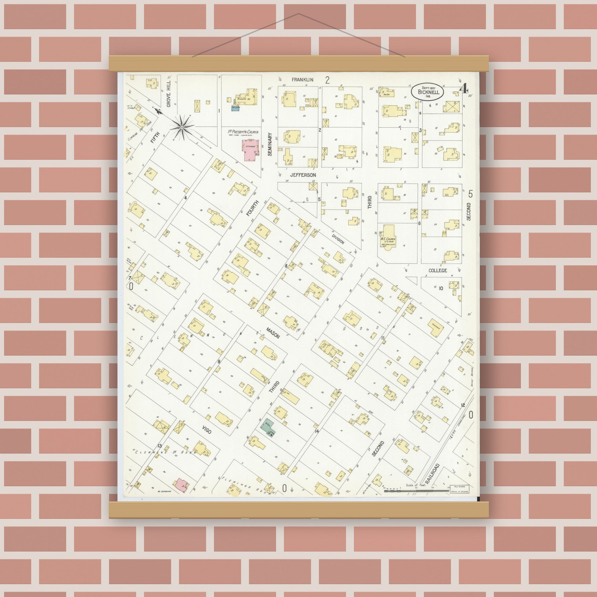 Old map wall art mockup — magnetic wood frame on brick wall — Sanborn Fire Insurance Map from Bicknell, Knox County, Indiana (1907), Sheet #0004