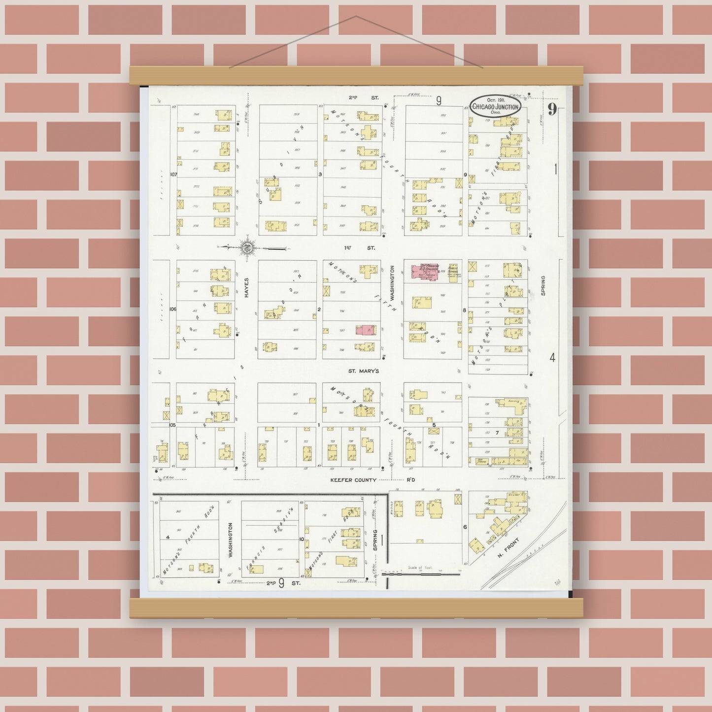 Old map wall art mockup — magnetic wood frame on brick wall — Sanborn Fire Insurance Map from Chicago Junction, Huron County, Ohio (1911), Sheet #0009