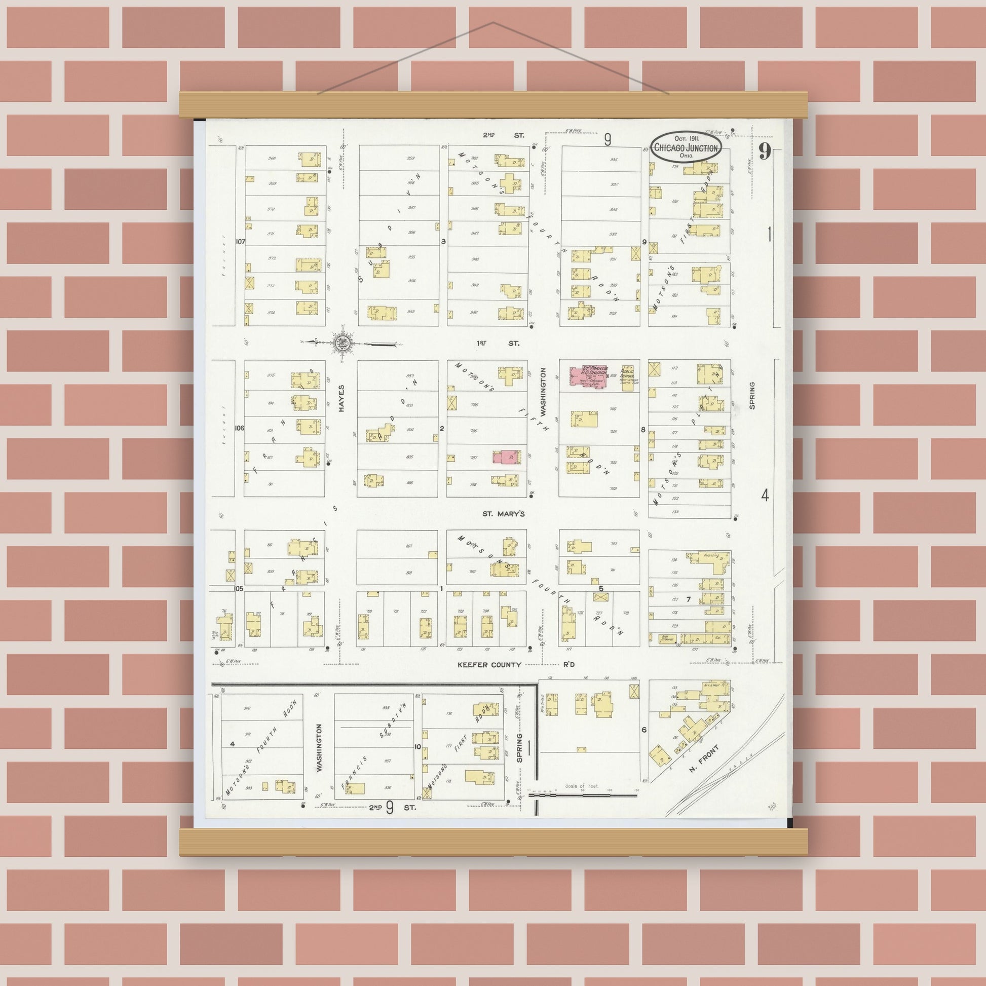 Old map wall art mockup — magnetic wood frame on brick wall — Sanborn Fire Insurance Map from Chicago Junction, Huron County, Ohio (1911), Sheet #0009
