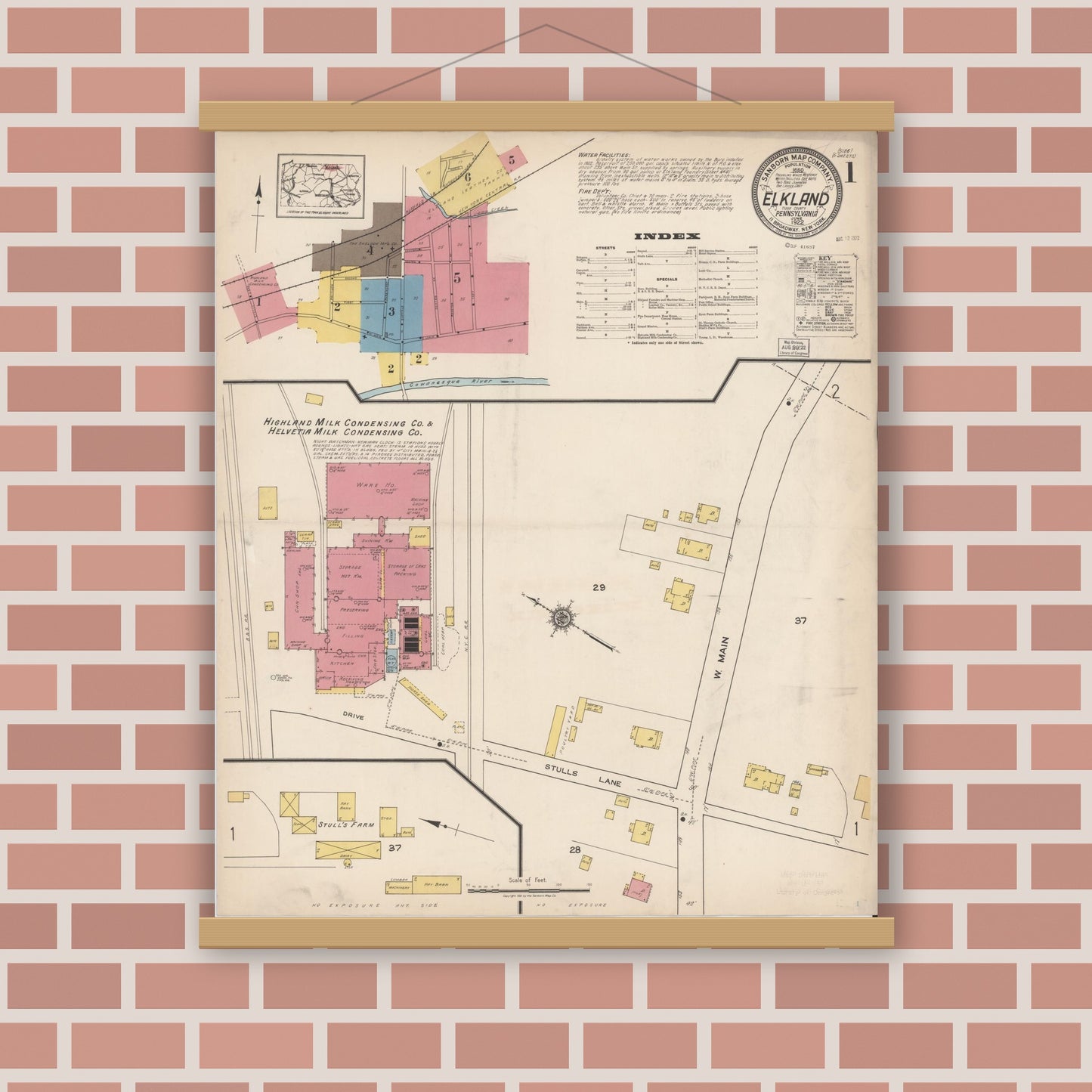 Old map wall art mockup — magnetic wood frame on brick wall — Sanborn Fire Insurance Map from Elkland, Tioga County, Pennsylvania (1922), Sheet #0001