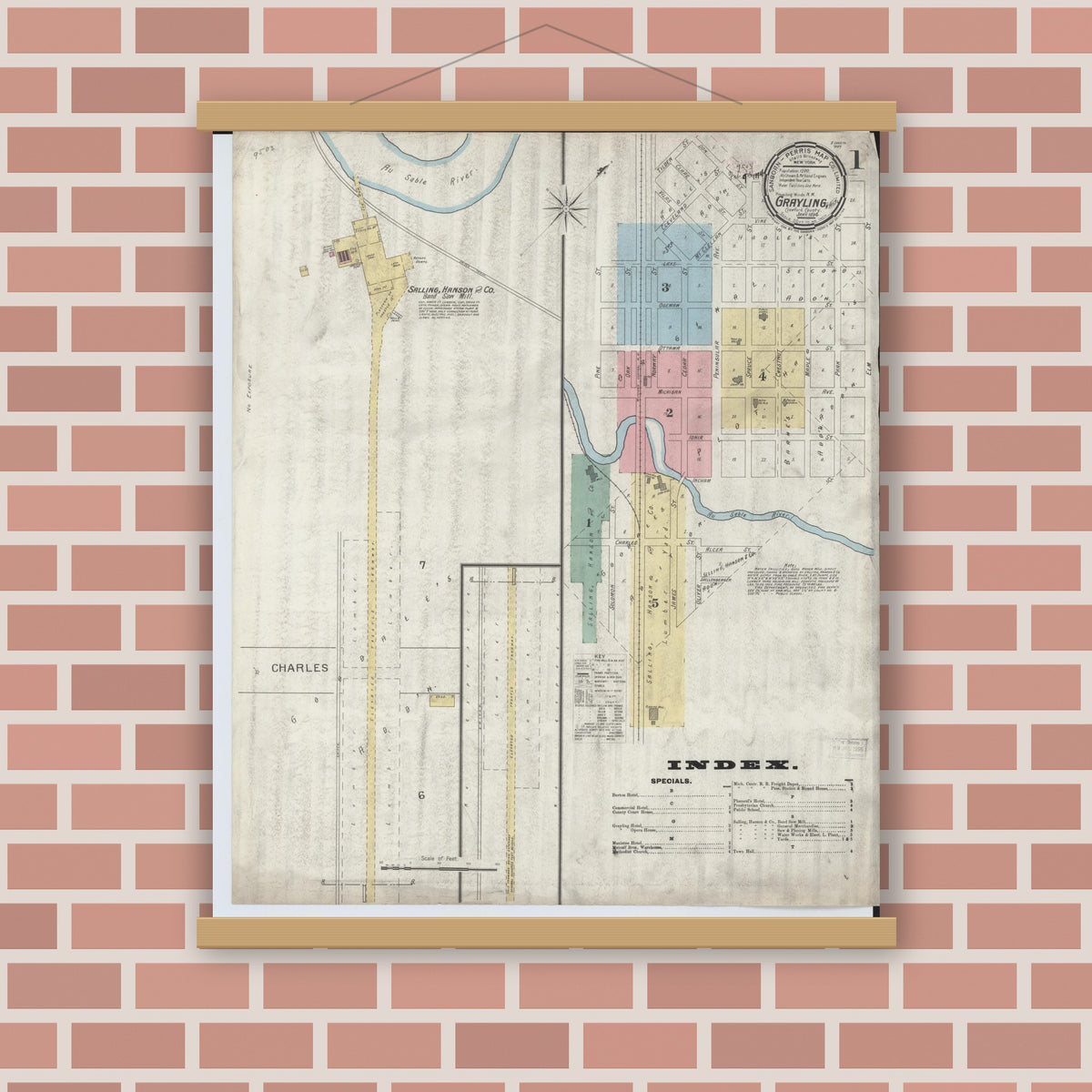 Old map wall art mockup — magnetic wood frame on brick wall — Sanborn Fire Insurance Map from Grayling, Crawford County, Michigan (1894), Sheet #0001