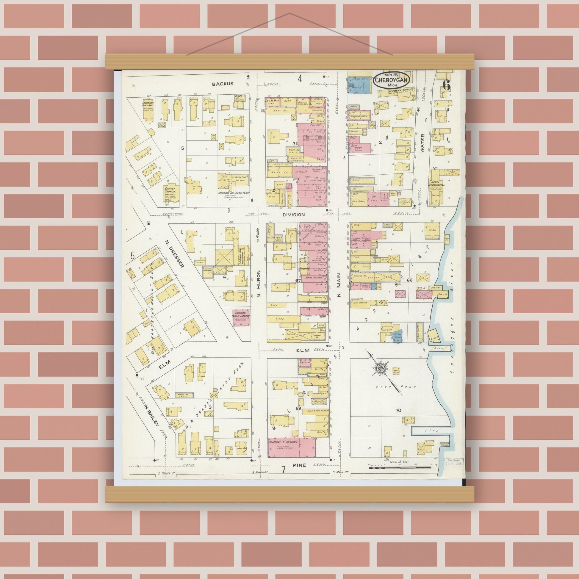 Old map wall art mockup — magnetic wood frame on brick wall — Sanborn Fire Insurance Map from Cheboygan, Cheboygan County, Michigan (1915), Sheet #0006