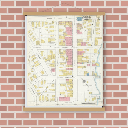 Old map wall art mockup — magnetic wood frame on brick wall — Sanborn Fire Insurance Map from Cheboygan, Cheboygan County, Michigan (1915), Sheet #0006