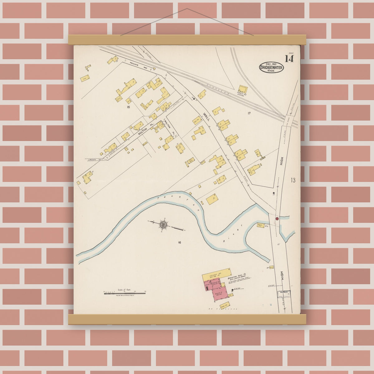 Old map wall art mockup — magnetic wood frame on brick wall — Sanborn Fire Insurance Map from Bridgewater, Plymouth County, Massachusetts (1921), Sheet #0014