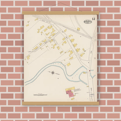 Old map wall art mockup — magnetic wood frame on brick wall — Sanborn Fire Insurance Map from Bridgewater, Plymouth County, Massachusetts (1921), Sheet #0014