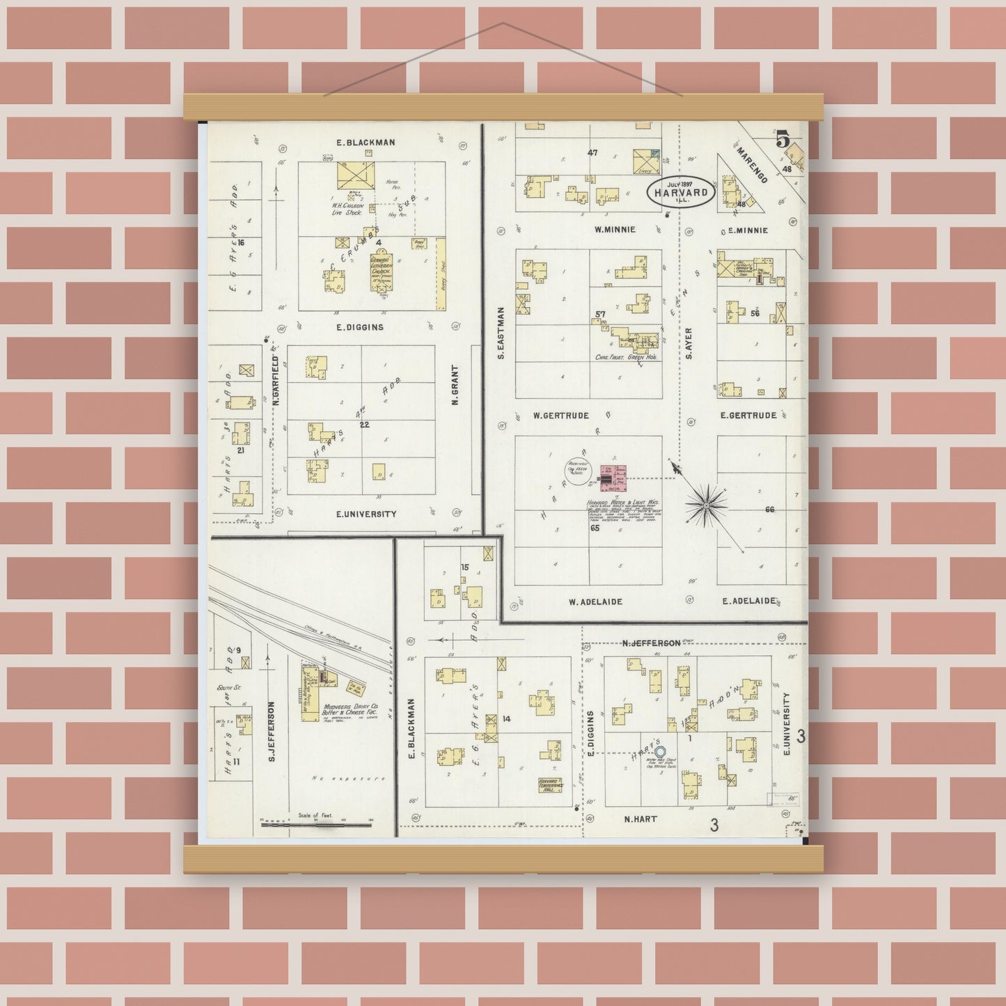 Old map wall art mockup — magnetic wood frame on brick wall — Sanborn Fire Insurance Map from Harvard, McHenry County, Illinois (1897), Sheet #0005