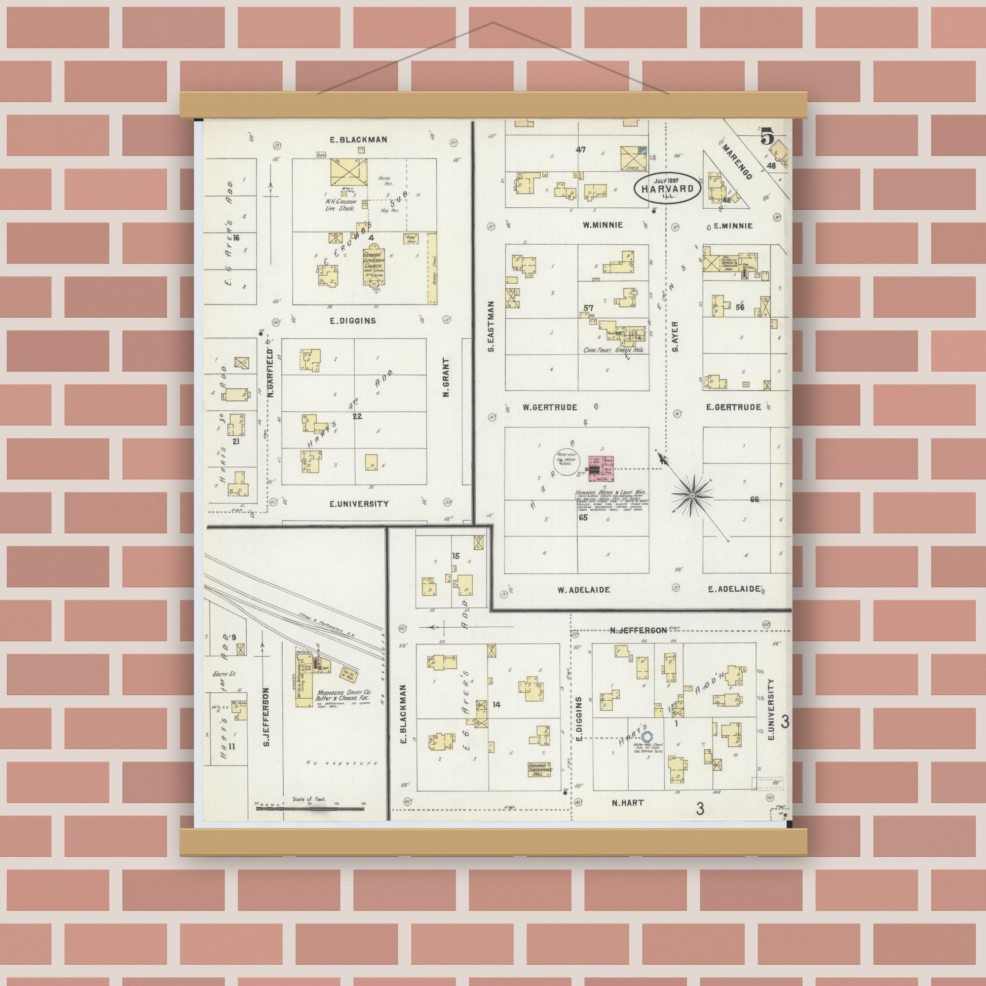 Old map wall art mockup — magnetic wood frame on brick wall — Sanborn Fire Insurance Map from Harvard, McHenry County, Illinois (1897), Sheet #0005