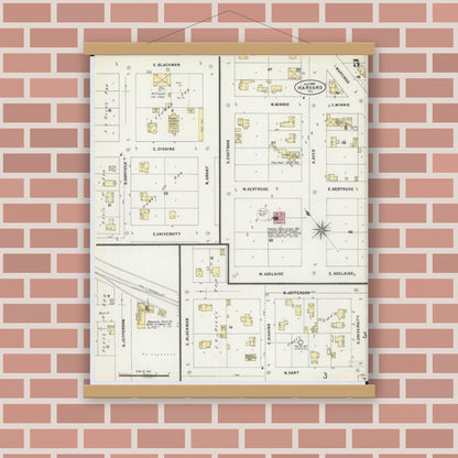 Old map wall art mockup — magnetic wood frame on brick wall — Sanborn Fire Insurance Map from Harvard, McHenry County, Illinois (1897), Sheet #0005