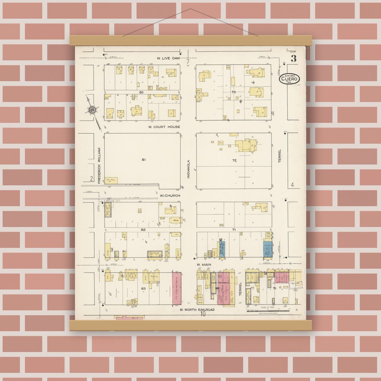 Old map wall art mockup — magnetic wood frame on brick wall — Sanborn Fire Insurance Map from Cuero, De Witt County, Texas (1922), Sheet #0003