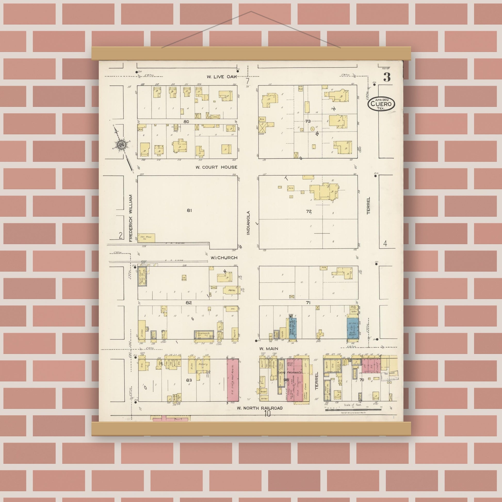 Old map wall art mockup — magnetic wood frame on brick wall — Sanborn Fire Insurance Map from Cuero, De Witt County, Texas (1922), Sheet #0003