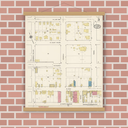 Old map wall art mockup — magnetic wood frame on brick wall — Sanborn Fire Insurance Map from Cuero, De Witt County, Texas (1922), Sheet #0003