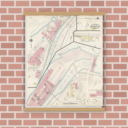 Old map wall art mockup — magnetic wood frame on brick wall — Sanborn Fire Insurance Map from Turners Falls, Franklin County, Massachusetts (1940), Sheet #0006