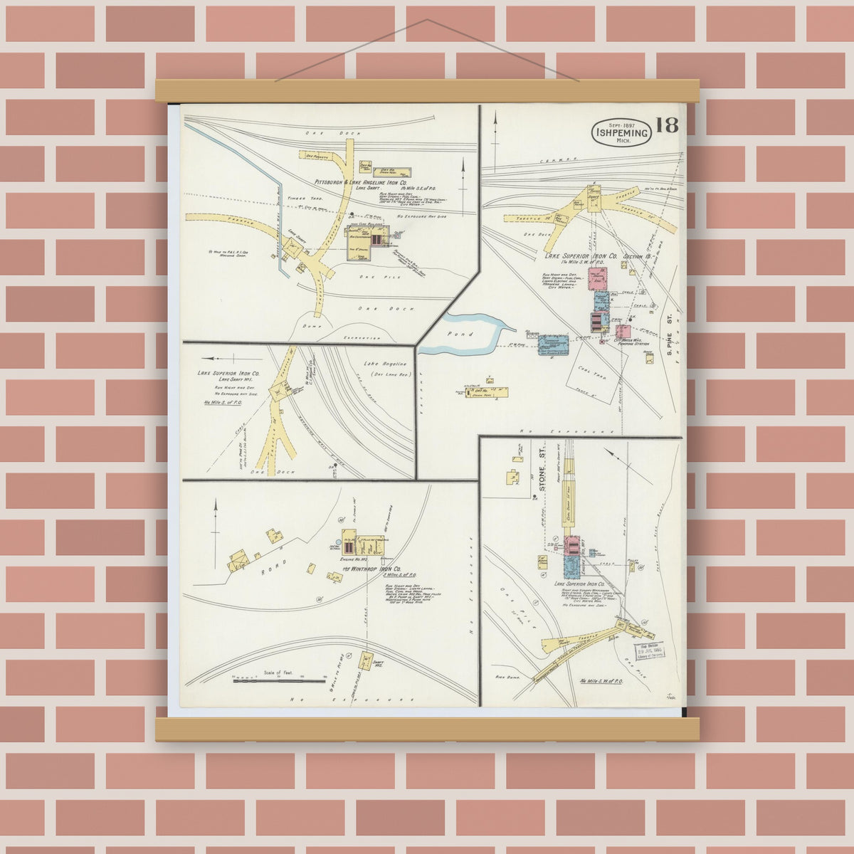 Old map wall art mockup — magnetic wood frame on brick wall — Sanborn Fire Insurance Map from Ishpeming, Marquette County, Michigan (1897), Sheet #0018